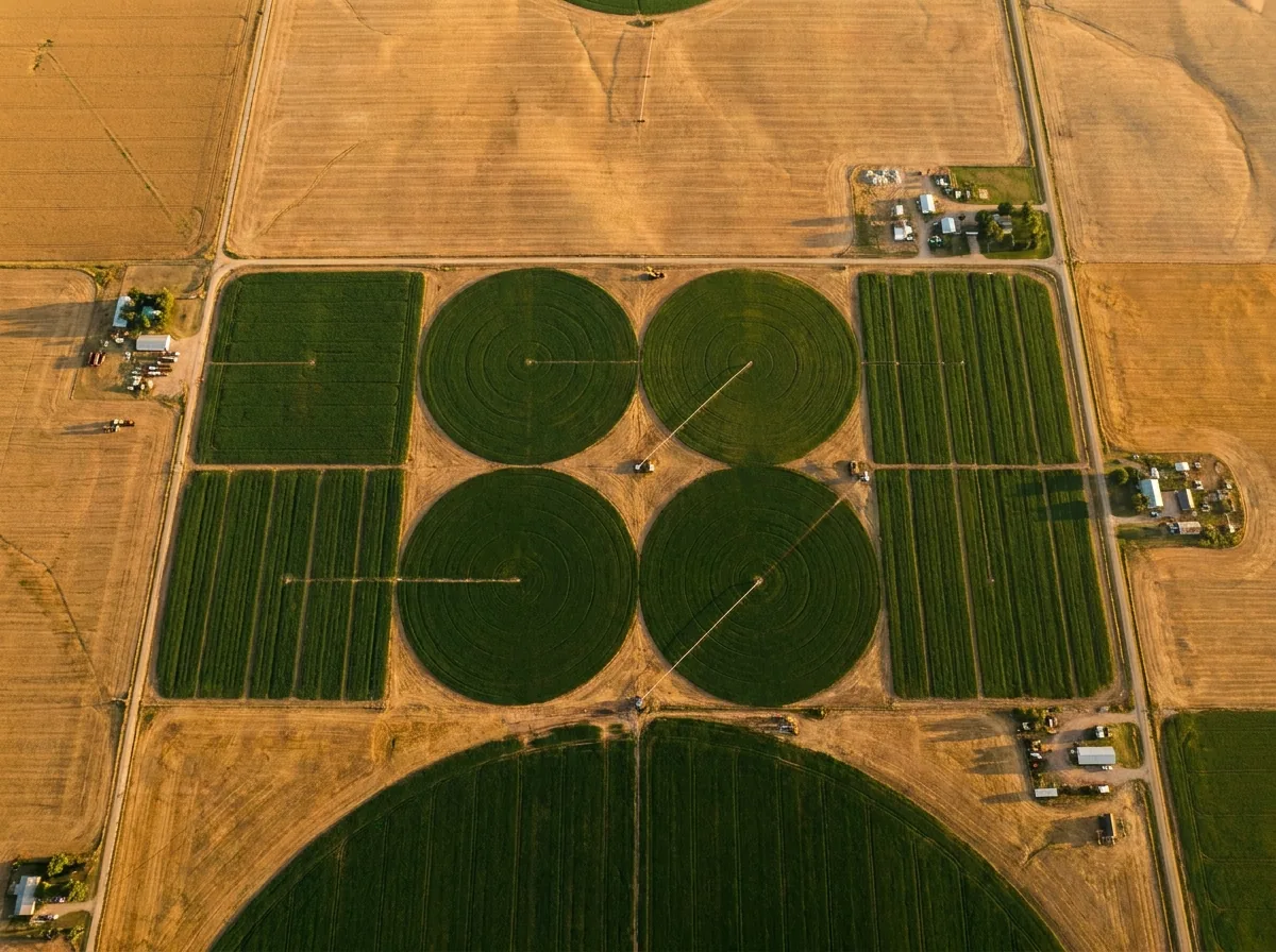 Vista aérea de riego de precisión en cultivos