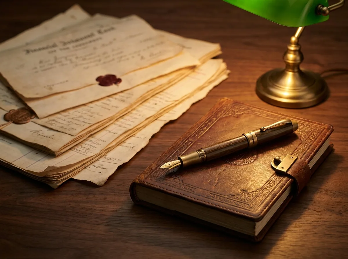 Pluma, libreta y documentos financieros sobre un escritorio