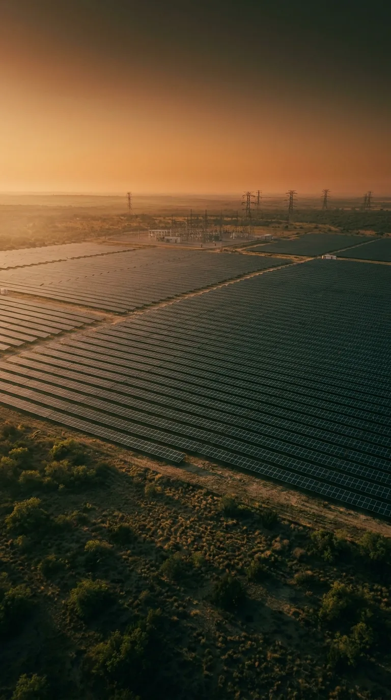 Parque solar fotovoltaico al atardecer, proyecto de energía renovable financiado