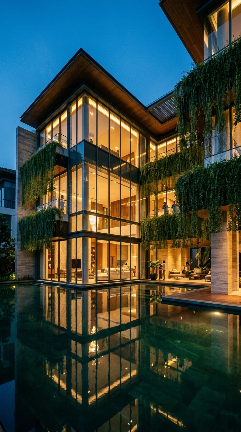 Edificio residencial de lujo al anochecer, proyecto inmobiliario