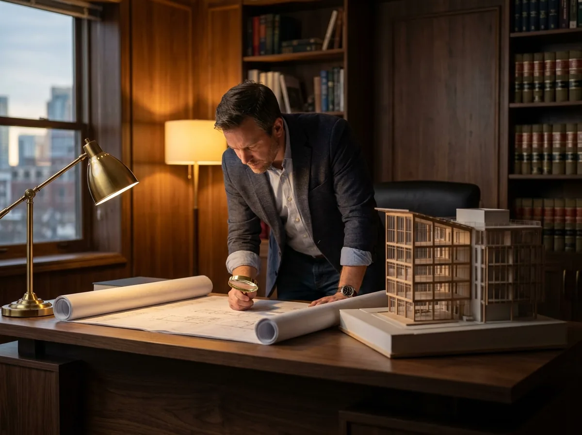 Desarrollador revisando planos y maqueta de un proyecto inmobiliario