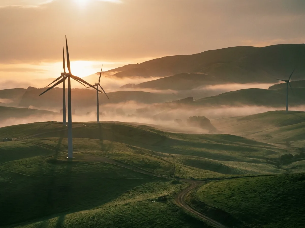 Turbinas eólicas en colinas verdes al amanecer
