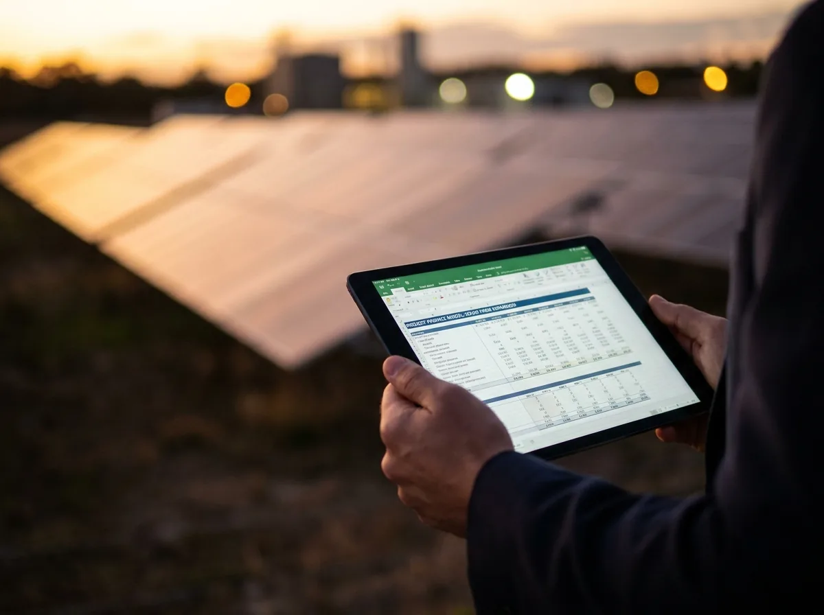 Profesional revisando el modelo financiero de un proyecto solar