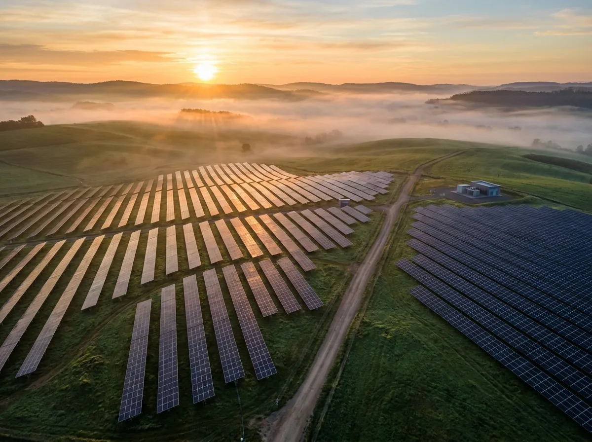 Parque solar al amanecer, símbolo de independencia energética