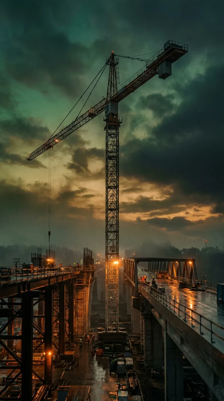 Proyecto de infraestructura en construcción al anochecer