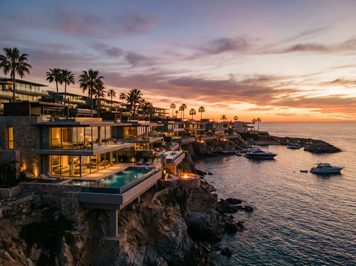 Desarrollo inmobiliario de lujo en zona costera al atardecer