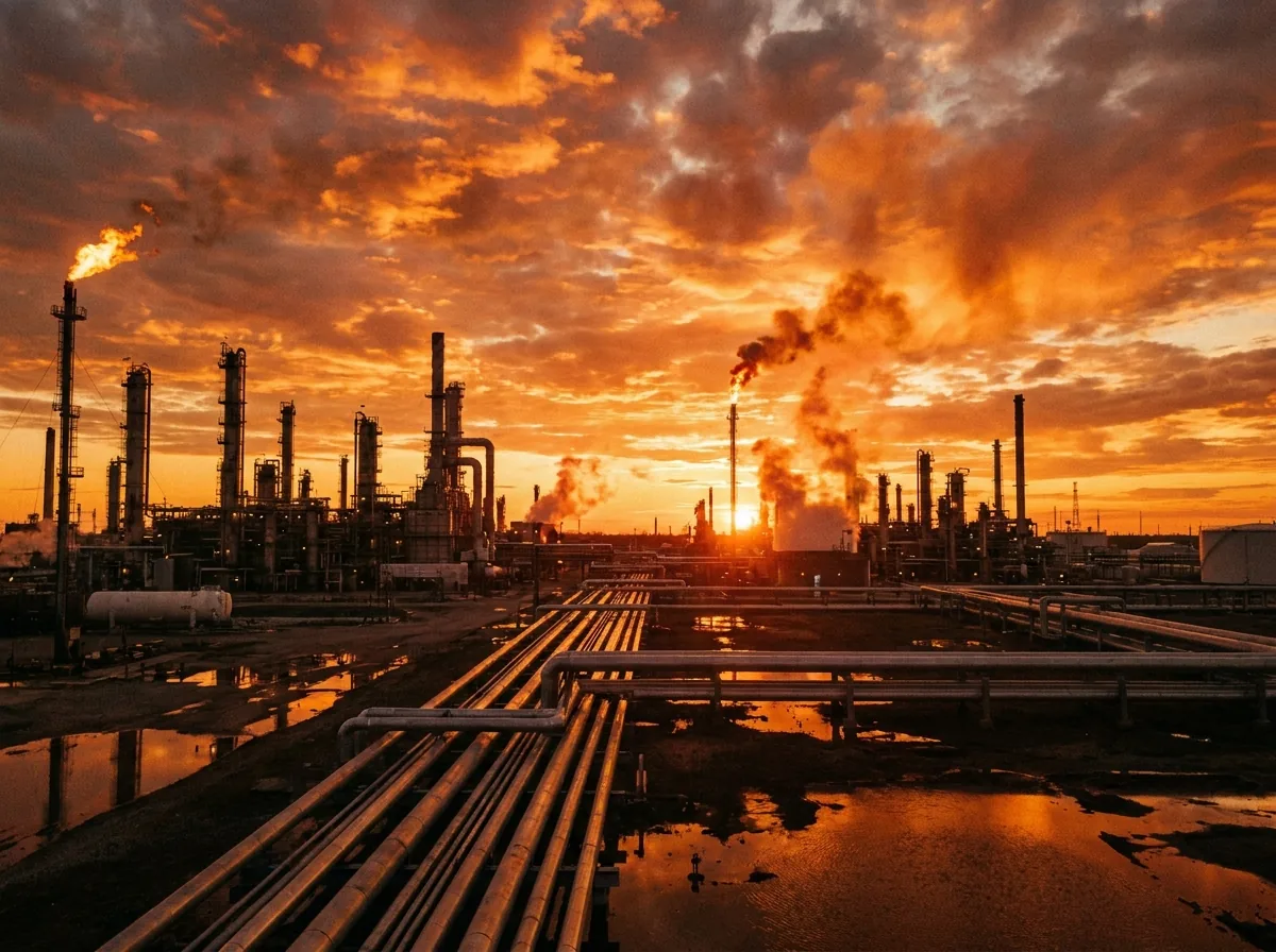 Refinería de petróleo al atardecer
