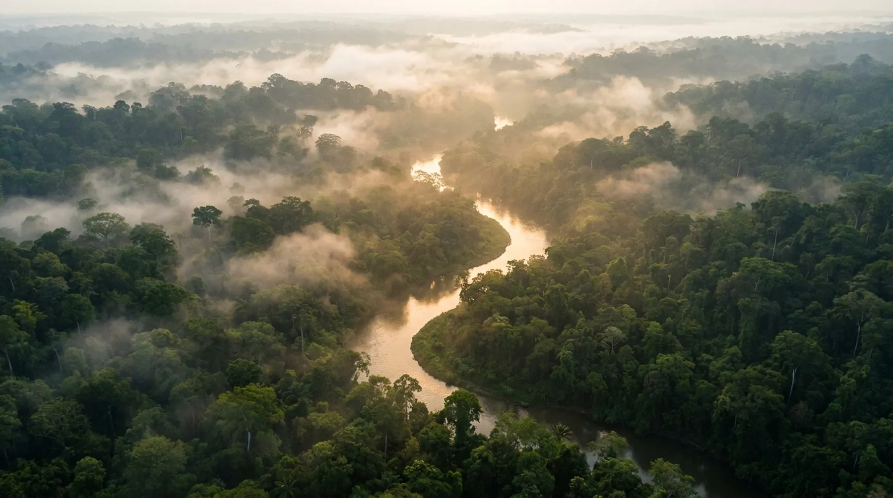 Río entre montañas con niebla, paisaje de selva