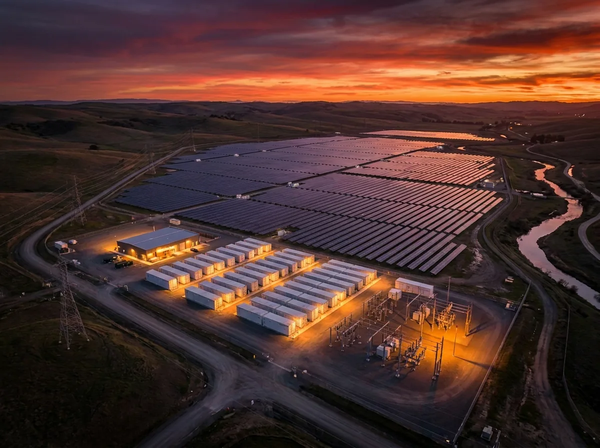 Vista aérea de una planta solar híbrida con baterías