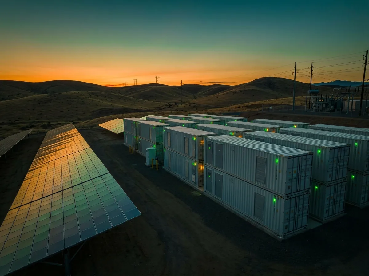 Sistema de baterías junto a una planta solar
